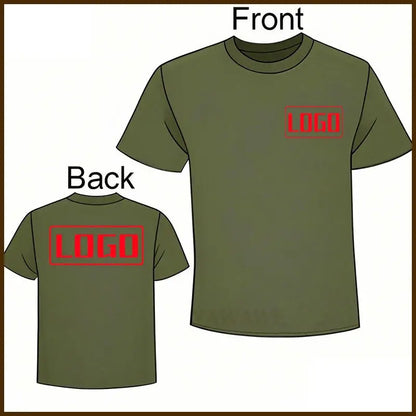 Custom graphic tee short sleeve olive green daily wear t-shirt with red rectangular logo on front and back
