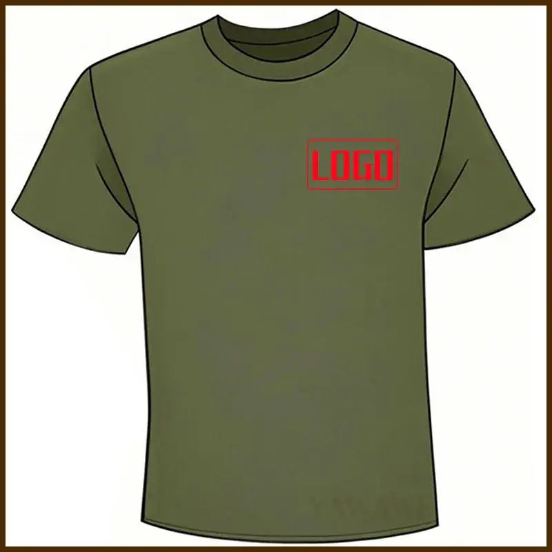 Olive green short sleeve custom graphic tee with red logo on left chest ideal for daily wear and tailor-made fit