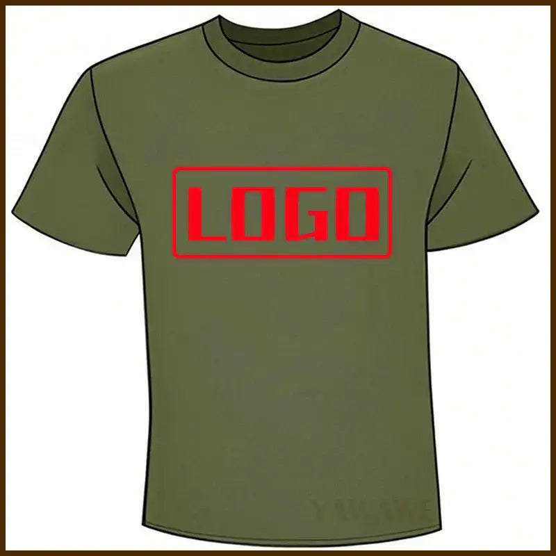 Olive green short sleeve custom graphic tee with bold red logo, perfect for daily wear and tailor-made fit