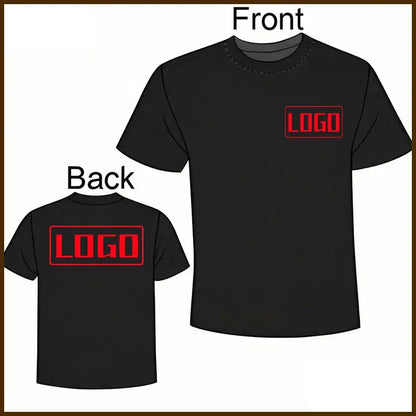 Black short sleeve custom graphic tee with bold red logo on front and back perfect for daily wear