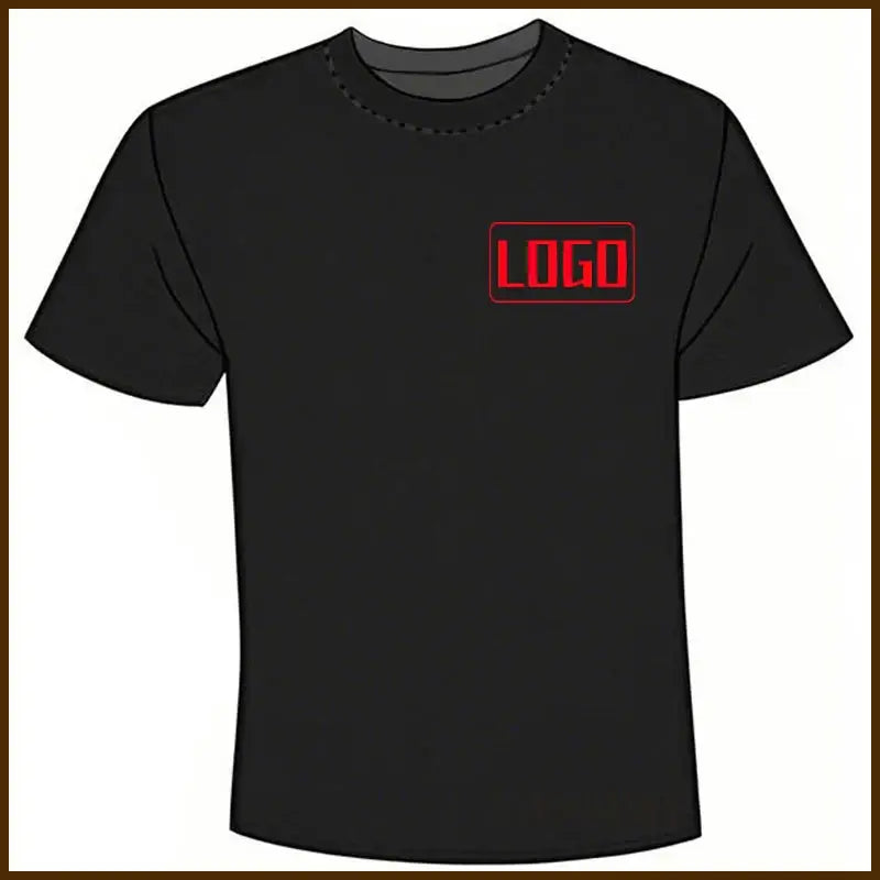 Black short sleeve custom graphic tee with red logo on chest perfect for daily wear and tailor-made fit