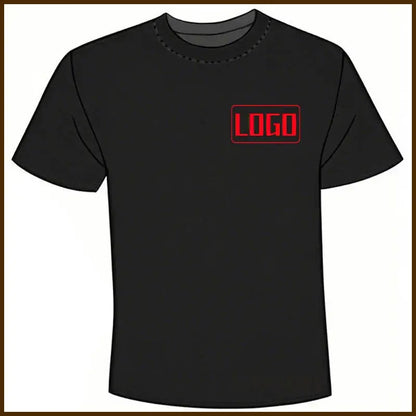 Black short sleeve custom graphic tee with red logo on chest perfect for daily wear and tailor-made fit