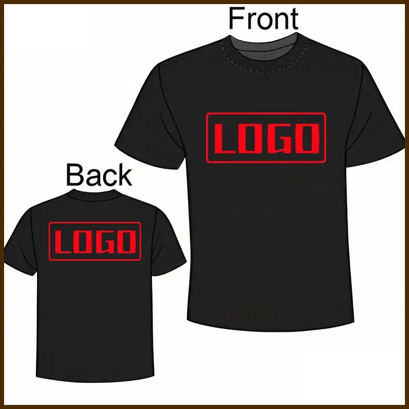 Black short sleeve custom graphic tee with bold red logo on front and back perfect for daily wear