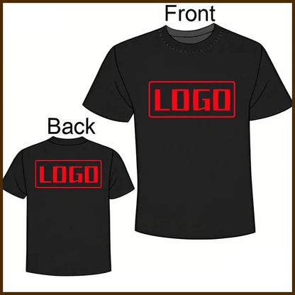 Black short sleeve custom graphic tee with bold red logo on front and back perfect for daily wear