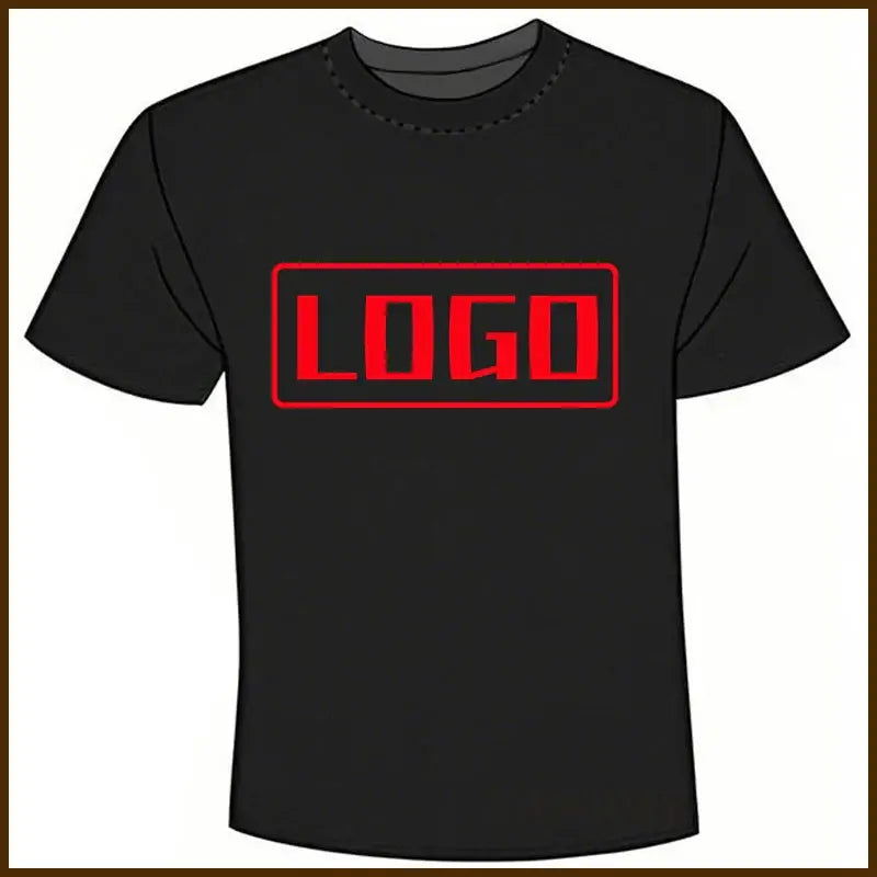 Black short sleeve custom graphic tee with bold red logo for daily wear and tailor-made fit
