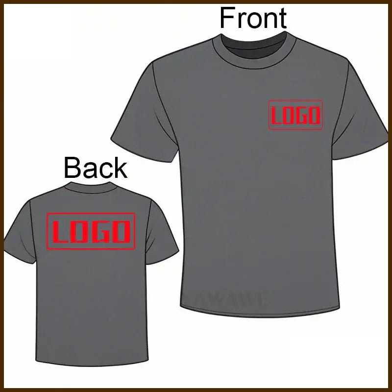 Gray crew-neck short sleeve custom graphic tee with bold red rectangular logo on front and back for daily wear