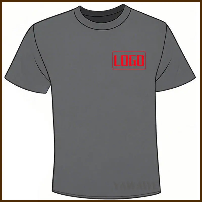 Gray short sleeve custom graphic tee with red logo on left chest perfect for daily wear and tailor made fit