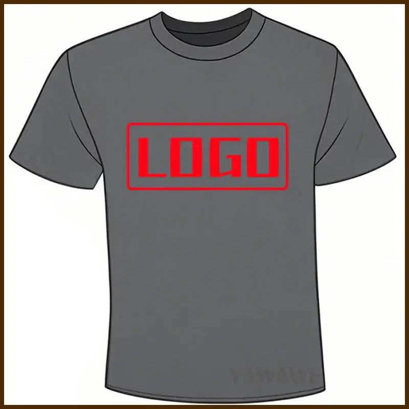 Gray short sleeve custom graphic tee with bold red logo on chest perfect for daily wear and casual style