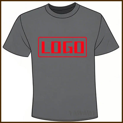Gray short sleeve custom graphic tee with bold red logo on chest perfect for daily wear and casual style