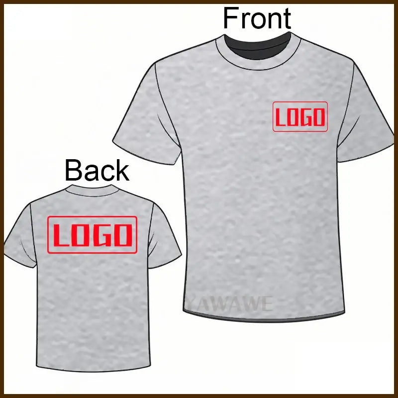 Gray heathered cotton short sleeve custom graphic tee with red rectangular logo for daily wear front and back view