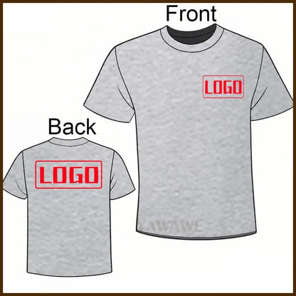Gray heathered cotton short sleeve custom graphic tee with red rectangular logo for daily wear front and back view