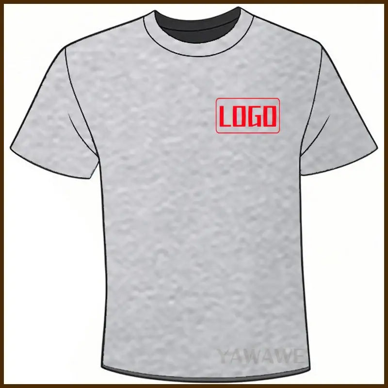 Gray heathered cotton short sleeve custom graphic tee with black ribbed crew neck and red logo for daily wear