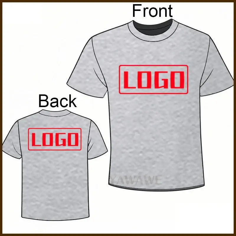 Gray heathered cotton short sleeve custom graphic tee with bold red logo on front and back for daily wear