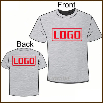Gray heathered cotton short sleeve custom graphic tee with bold red logo on front and back for daily wear
