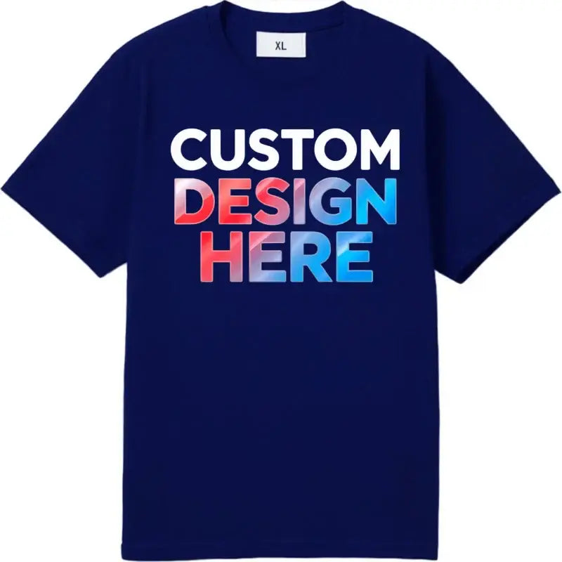 Navy blue cotton short sleeve custom graphic tee with bold white red and blue gradient design for daily wear