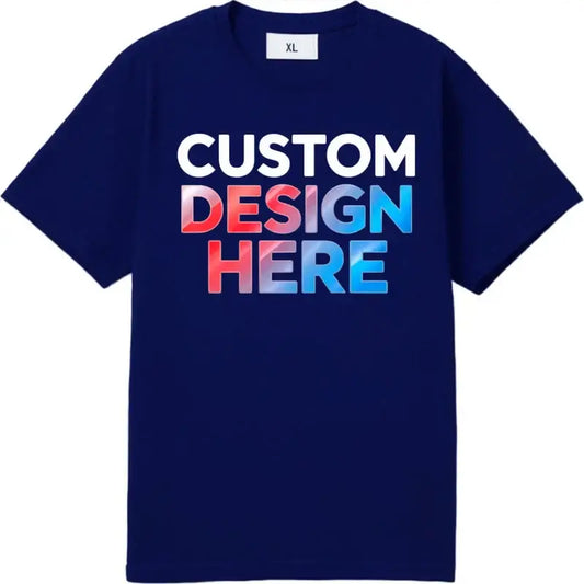 Navy blue cotton short sleeve custom graphic tee with bold white red and blue gradient design for daily wear