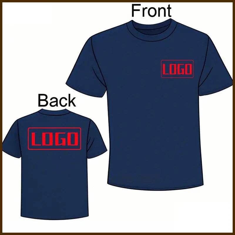 Custom graphic tee short sleeve navy blue with red logo front and back ideal for daily wear