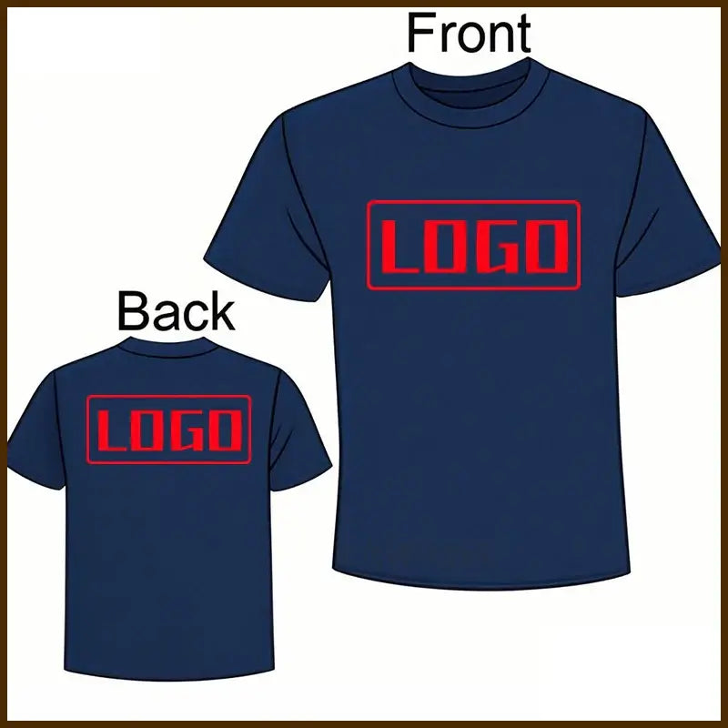 Navy blue short sleeve custom graphic tee with bold red rectangular logo on front and back for daily wear