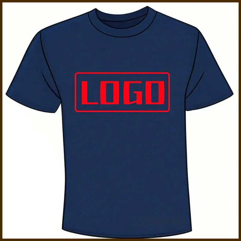 Navy blue cotton short sleeve custom graphic tee with bold red logo perfect for daily wear