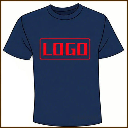Navy blue cotton short sleeve custom graphic tee with bold red logo perfect for daily wear