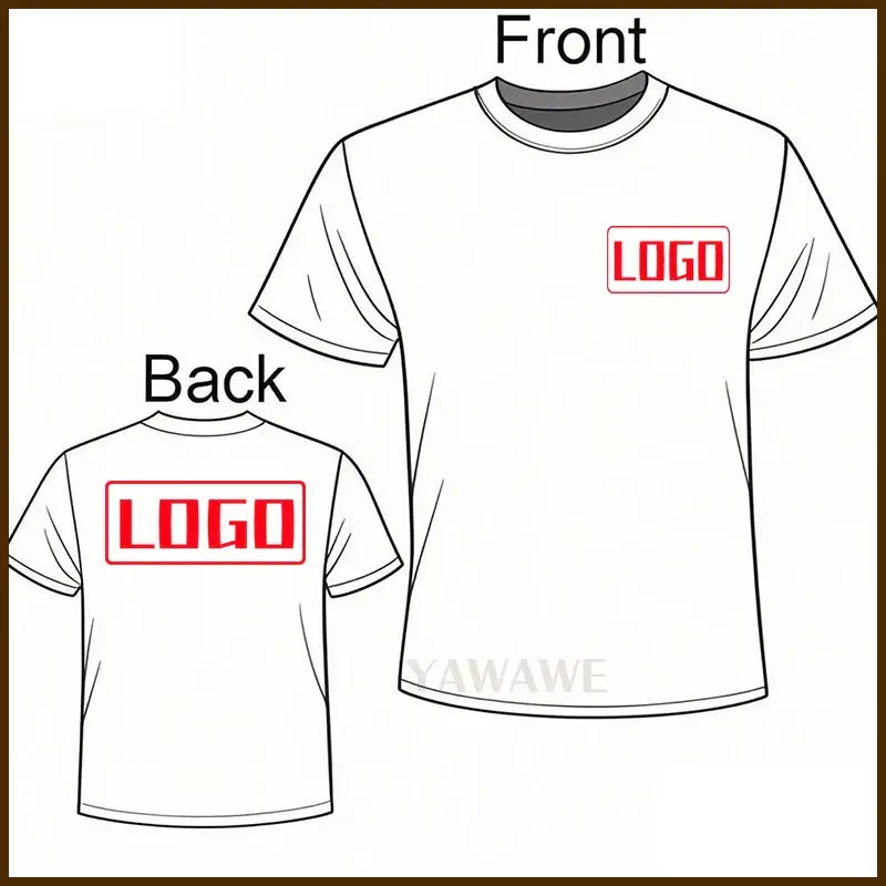White short sleeve custom graphic tee with red logo on front and back ideal for daily wear