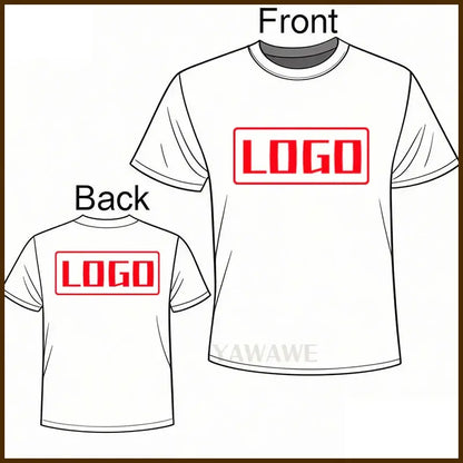White short sleeve custom graphic tee with bold red rectangular logo on front and back for daily wear