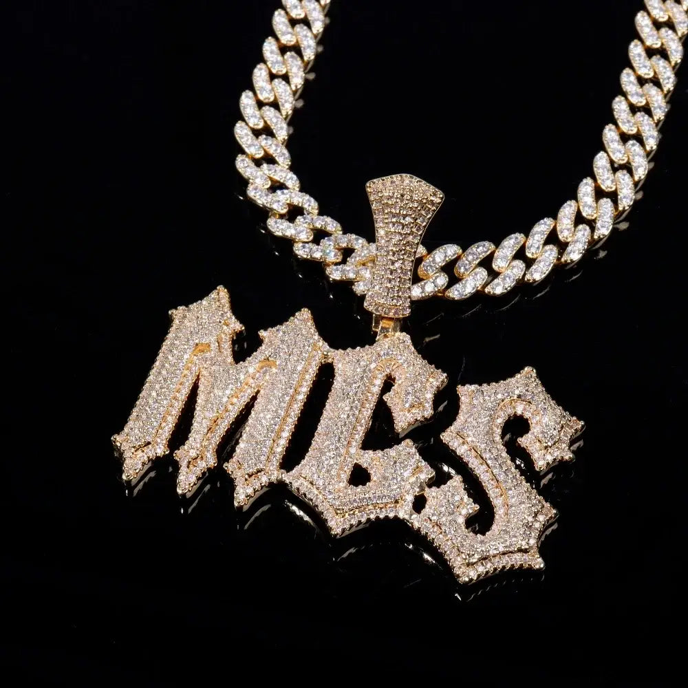 Gold-plated custom letter pendant necklace with cz stone spiked lettering on a matching rope chain