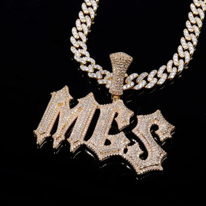 Gold-plated custom letter pendant necklace with cz stone spiked lettering on a matching rope chain