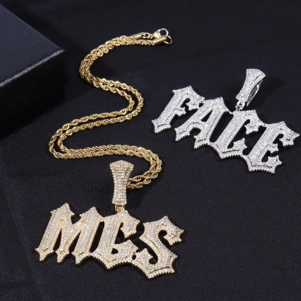 Gold and silver custom letter pendant necklace with cz stone spiked design on matching rope chains