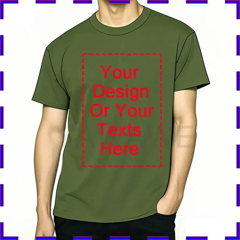 Olive green cotton unisex t-shirt with red dashed rectangle for custom message design in size 4xl-5xl o-neck