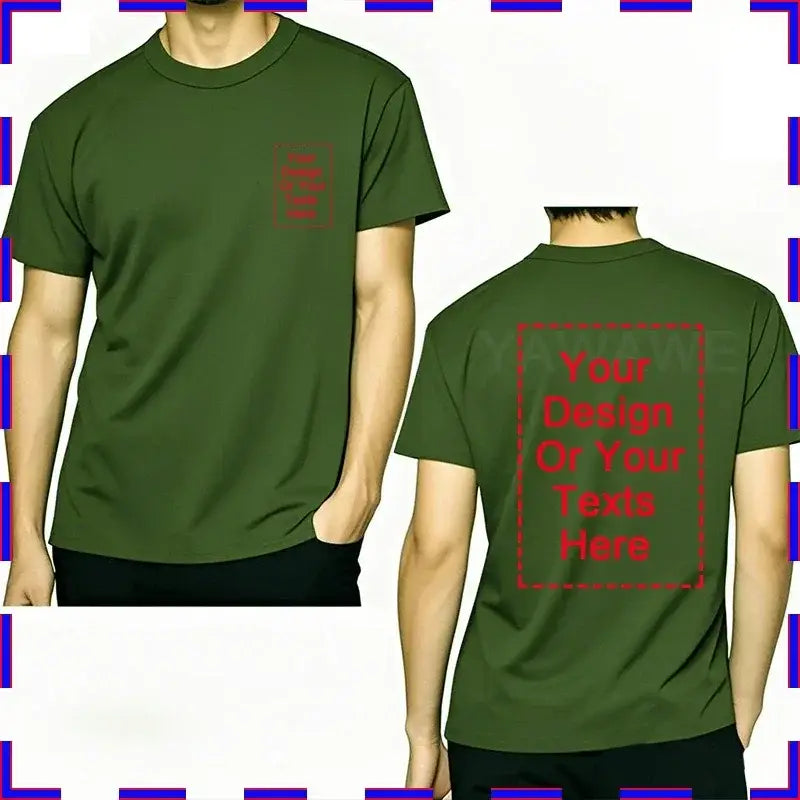 Olive green cotton custom message unisex t-shirt with red rectangular design on chest and back in 4xl-5xl size