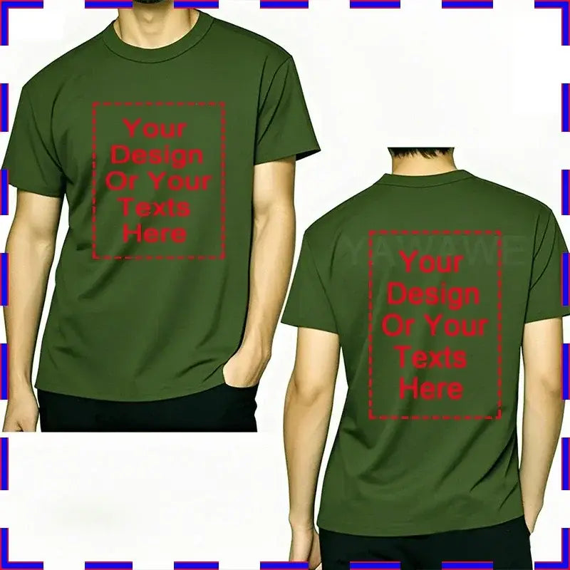 Olive green cotton custom message unisex t-shirt with red dashed square placeholder text on front and back