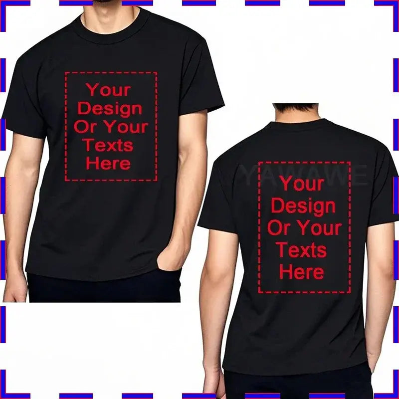Black cotton custom message unisex t-shirt with red dashed design area on front and back for custom text or graphics
