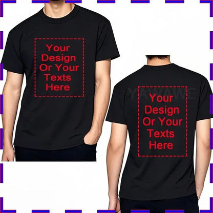 Black cotton custom message unisex t-shirt with red dashed design area on front and back for custom text or graphics