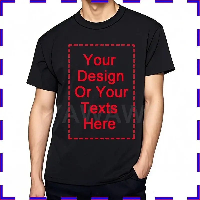 Black cotton custom message unisex t-shirt with red dashed border and placeholder for custom design 4XL-5XL