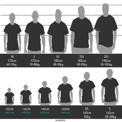 Black cotton custom message unisex t-shirt size chart with adult m to 3xl and child xs to s silhouettes and measurements