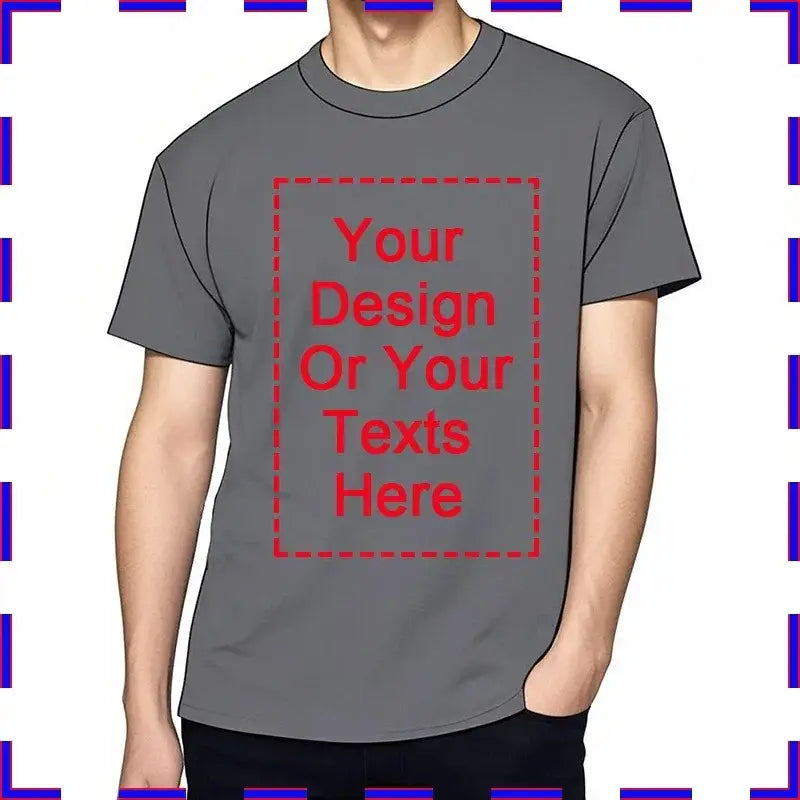 Gray cotton custom message unisex t-shirt with red dashed rectangle placeholder for design 4XL-5XL o-neck