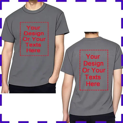 Gray cotton custom message unisex t-shirt with red dashed square placeholder text on front and back in 4XL-5XL