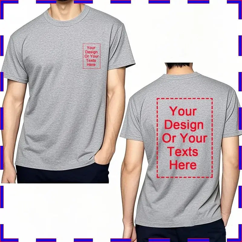 Gray heathered cotton custom message unisex t-shirt in 4xl-5xl with customizable front and back design areas outlined