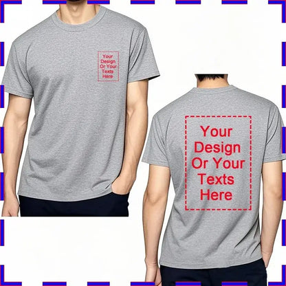 Gray heathered cotton custom message unisex t-shirt in 4xl-5xl with customizable front and back design areas outlined