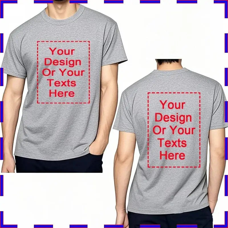 Gray heathered cotton custom message unisex t-shirt with red dashed rectangle placeholder for front and back design