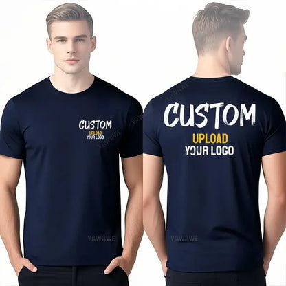 Navy blue custom message unisex cotton t-shirt with white and yellow logo print on front and back in 4XL-5XL size