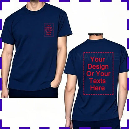 Navy blue cotton custom message unisex t-shirt with o-neck and customizable front and back design areas outlined in red