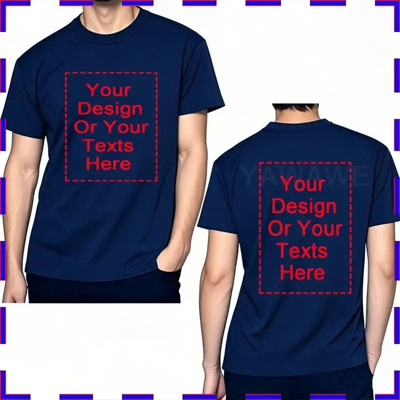 Navy blue cotton custom message unisex t-shirt with red dashed design area on front and back for custom text