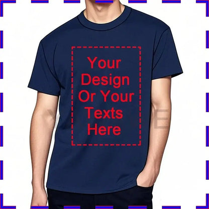 Navy blue cotton customizable unisex t-shirt with red dashed rectangle for custom message design 4XL-5XL cotton o-neck