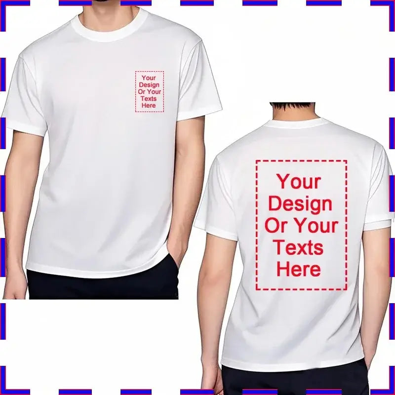 White cotton custom message unisex t-shirt with o-neck and red dashed boxes for front and back design areas 4xl-5xl