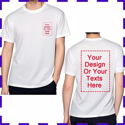 White cotton custom message unisex t-shirt with o-neck and red dashed boxes for front and back design areas 4xl-5xl