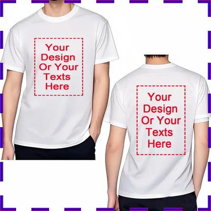 White cotton unisex t-shirt with custom message front and back design areas outlined in red dashed lines 4XL-5XL