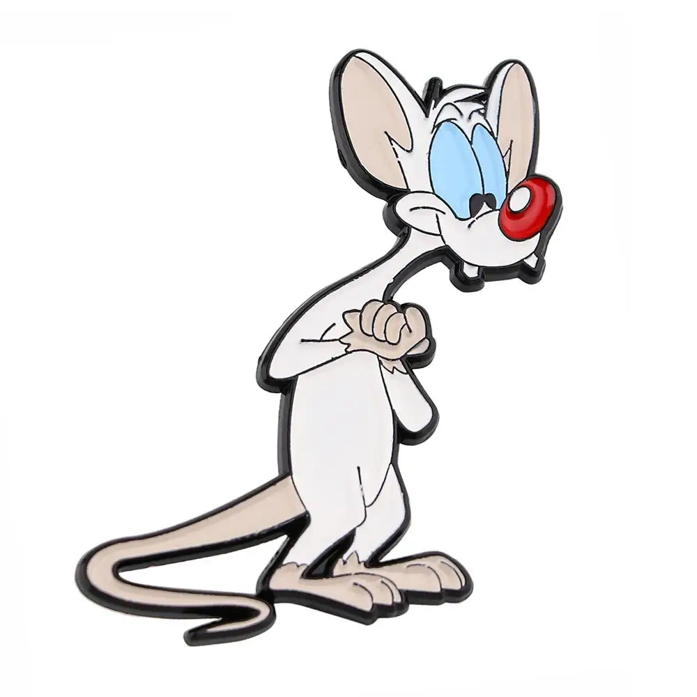 Cute mouse enamel pin featuring a white cartoon mouse with blue eyes and red nose in black outlined detail
