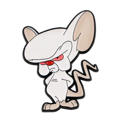 Cute mouse enamel pin with white body, red eyes and nose, beige ears and tail, black outline enamel pin badge